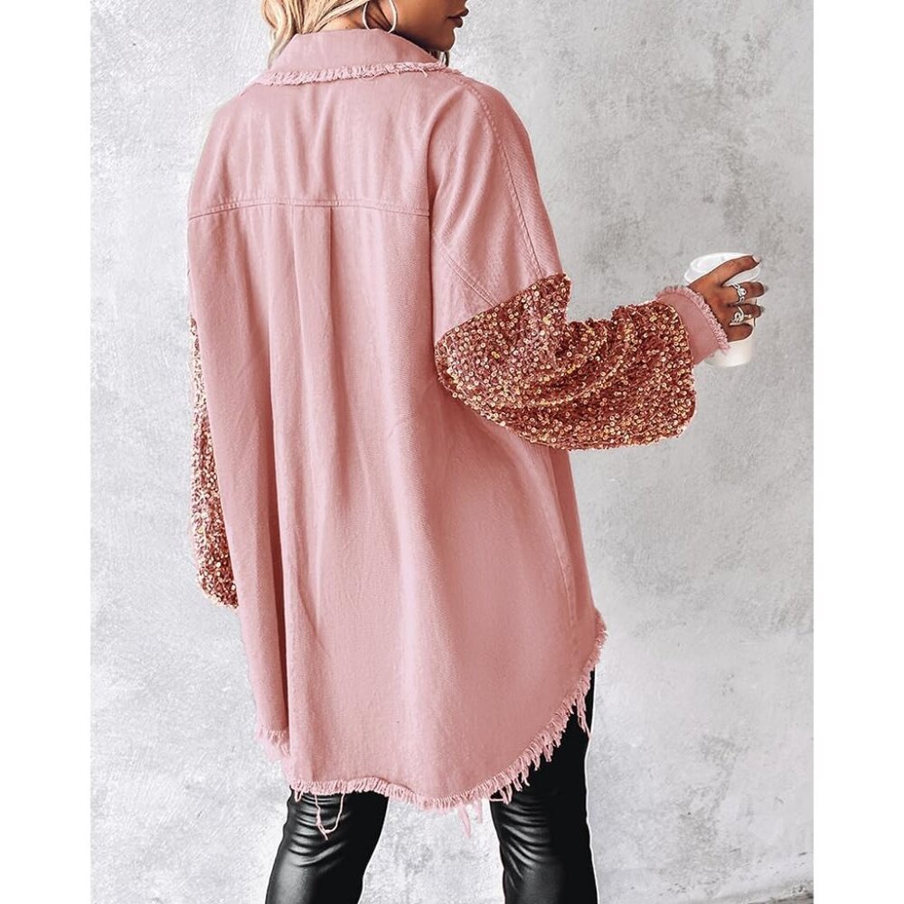 Womens Denim Jacket Sequin Patchwork Long Sleeve … - image 2